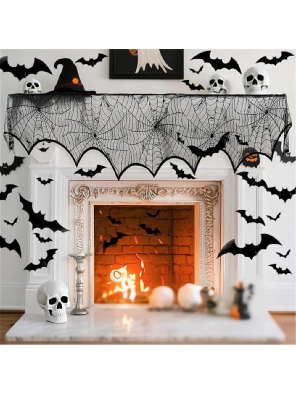 61 Pcs Halloween Mantel Decor Set, with Spiderweb Cover and Bat Stickers